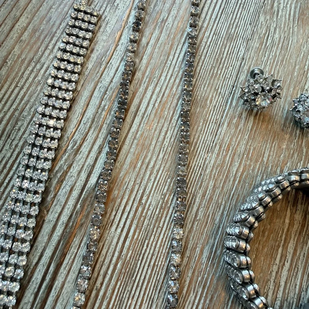 Vintage Rhinestone Jewelry Bundle Necklace, Choker, Expanding Bracelet, Earrings